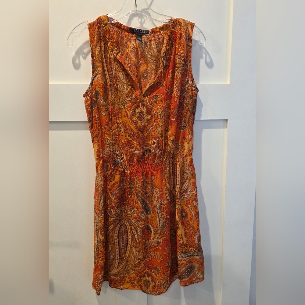 Lauren Ralph Lauren Orange Paisley Smocked Waist Sheer Mini Dress Tie Neck Sz 2